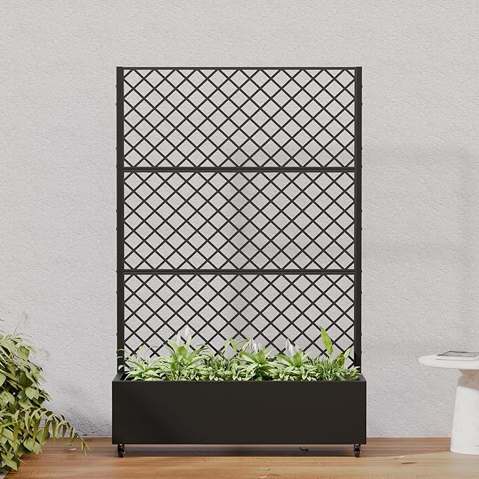 Casaphoria Metal Raised Garden Bed with Trellis and Wheels, 72"x47"x16" Arched Planter Box for Climbing Plants, Vegetables & Vines, Features Drainage Holes and Privacy Screen, Black-Rhombus