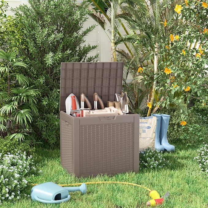 PatioZen 30 Gallon Resin Deck Box, Lockable Patio Outdoor Storage Box for Furniture, Garden Tools and Tools Storage, Waterproof Outside Storage Boxes - Grey