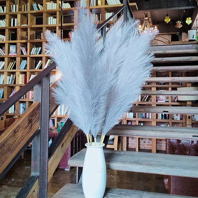 Premium Faux Grey Pampas Grass – 43.3" Tall Fluffy Neutral Decor, 8pcs 18-Branch One-Piece Stems No Assembly, Luxury Silk-Feel Feather Flowers for Modern Minimalist Scandinavian Decor,8 Stems110cm