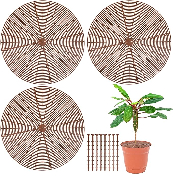 Sawysine 3 Pcs Plant Pot Cover Plant Protector from Animal Flower Pot Grid with Center Cutout Flower Cover Soil Protectors(Coffee,20.5 in)
