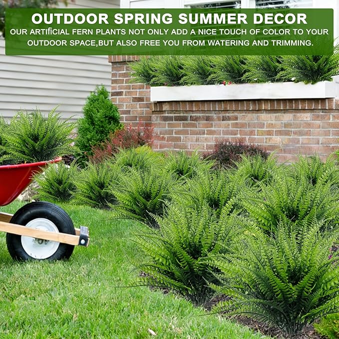 TURNMEON 20 Bundles Artificial Plants Outdoor Faux Boston Fern 17 Inch Long Length Summer Decor, Fake Plants UV Resistant No Fade Plastic Greenery Shrubs Flowers for Garden Porch Indoor Cemetery Decor