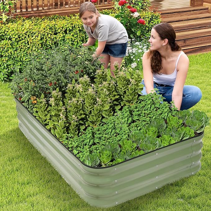 1MORE Raised Garden Bed -5X3X1 Galvanized Planter Box for Outdoor Gardening,4 in 1 Modular Raised Bed Kit with Protective Tape, Gloves for Herb，Ideal for Vegetables and Plants.Green-2Pack