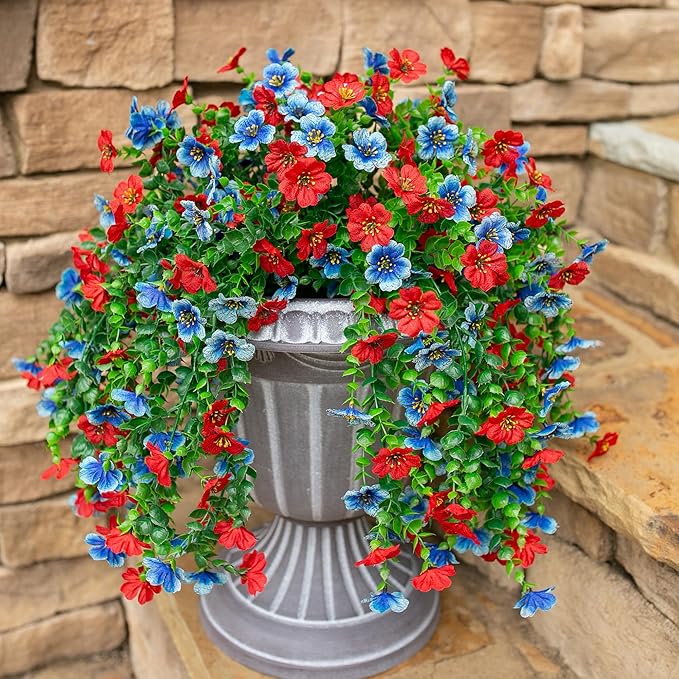 Artificial Faux Hanging Flowers Plants for Spring Outdoor Outside Decoration, 2 PCS Fake Silk Daisy with Eucalyptus UV Resistant Realistic Trailing Vines for Balcony Patio Porch (BlueRed)