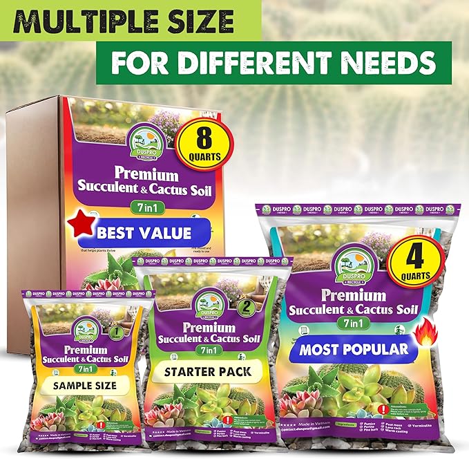 DUSPRO Succulents Soil Potting Mix – 7 in 1 Ingredients Well-Draining, Nutrient-Rich Cactus Potting Soil for Succulents and Cacti, Indoor & Outdoor Use, Ready to Use, Supports Healthy Root Growth, 1QT