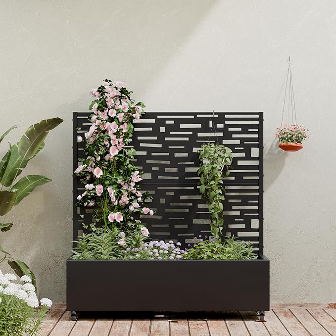Casaphoria Metal Raised Garden Bed with Trellis and Wheels, 47"x47"x16" Planter Box for Climbing Plants, Vegetables & Vines, Features Drainage Holes and Privacy Screen (Black-Gerald)