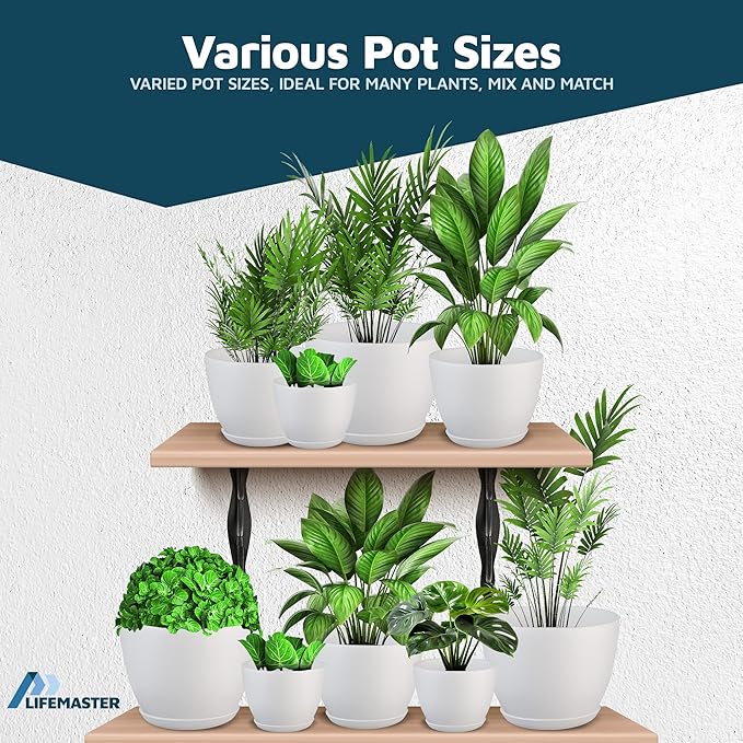 White Plant Pots with Drainage Holes & Saucers 3 Pack, Indoor & Outdoor Stackable Space-Saving Planters for Houseplants & Flowers, (7", 6.7", and 6" Inches), Durable & Weatherproof Materials