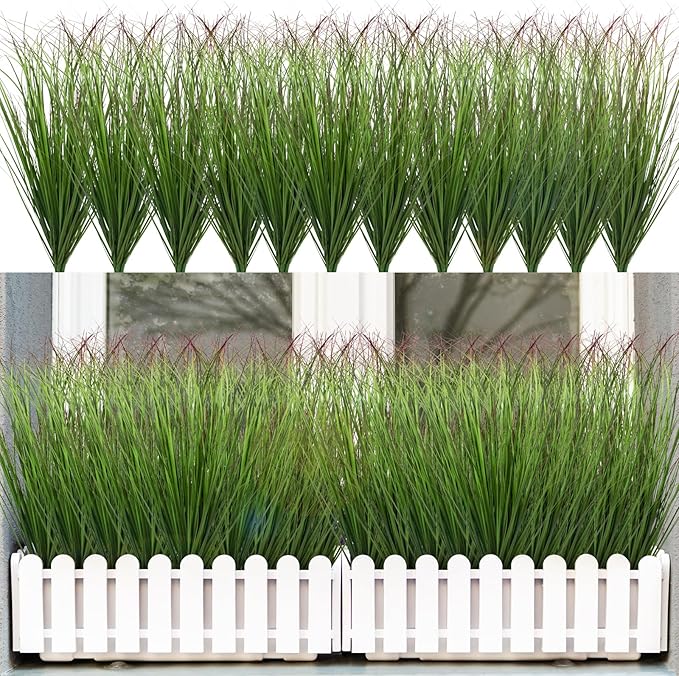 36Pcs Artificial Grass Plants Outdoor Faux Shrubs Wheat Grass Green Onion Grass Artificial Greenery Tall Stems for Indoor Outdoor Office Home Decor（Green Red Tail）