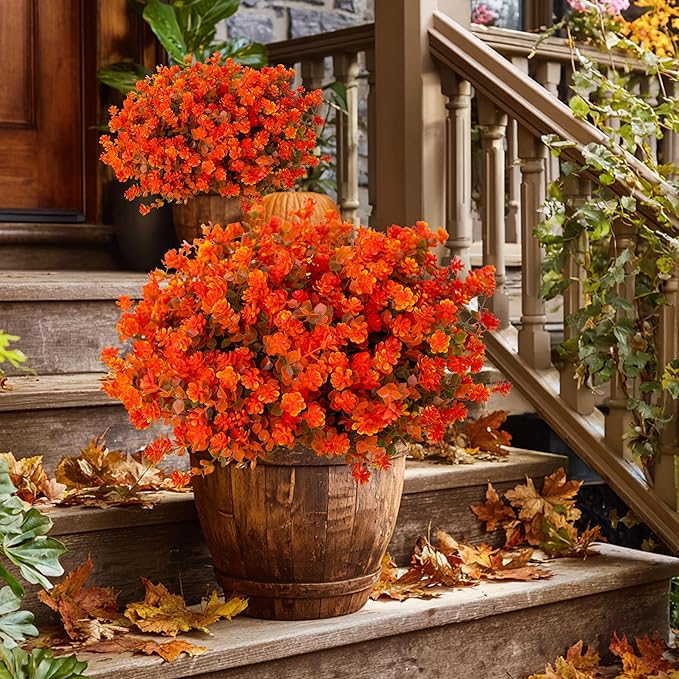 Artificial Fall Flowers Outdoor Fake Mums - 12 Bundles Fake Plants UV Resistant No Fade Faux Plastic Greenery Garden Porch Patio Fall Home Decor(OrangeGreen)