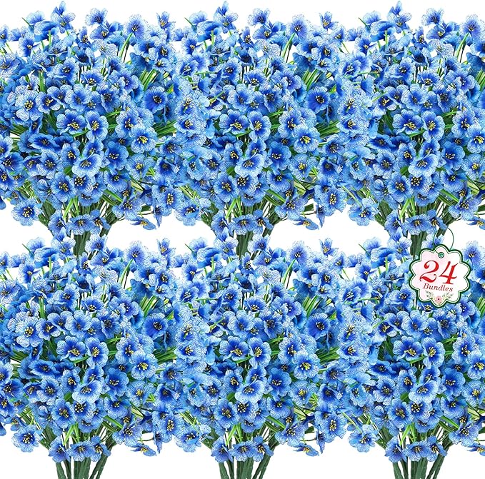 Roberly 24 Bundles Artificial Flowers for Outdoors UV Resistant Silk Fake Flowers Faux Plastic Plants for Porch Garden Window Box Indoor Outdoor Spring Summer Home Farmhouse Decor, Blue