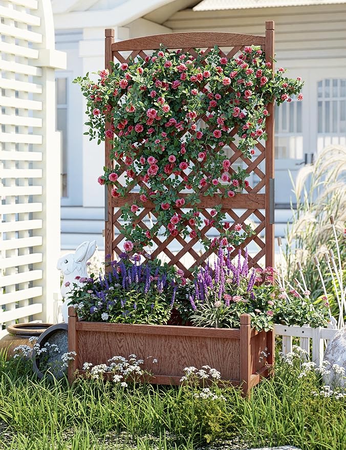 2PCS Wood Planter Box with Diamond Lattice Trellis, Raised Garden Bed with Trellis & Wheels, Privacy Planters for Patio, Planter Box with Drainage Holes for Climbing Plants, Flower, 61"x 26"x 30"
