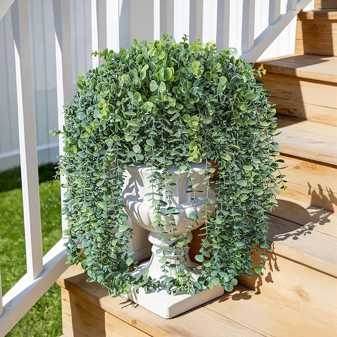 Faux Outdoor Plants Fake Hanging Plants for Outdoors Outside Decorations, 2 Pcs White Faux Eucalyptus Vines Realistic UV Resistant Artificial Greenery for Planters Porch Garden Yard Front Door Patio