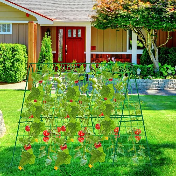 48 x 48 Inch Foldable Cucumber Trellis for Raised Bed- A-Frame Garden Trellis for Climbing Plant Outdoor with Climbing Net and Plant Support Clip for Outdoor Plants Zucchini Vegetables Tomato Flowers