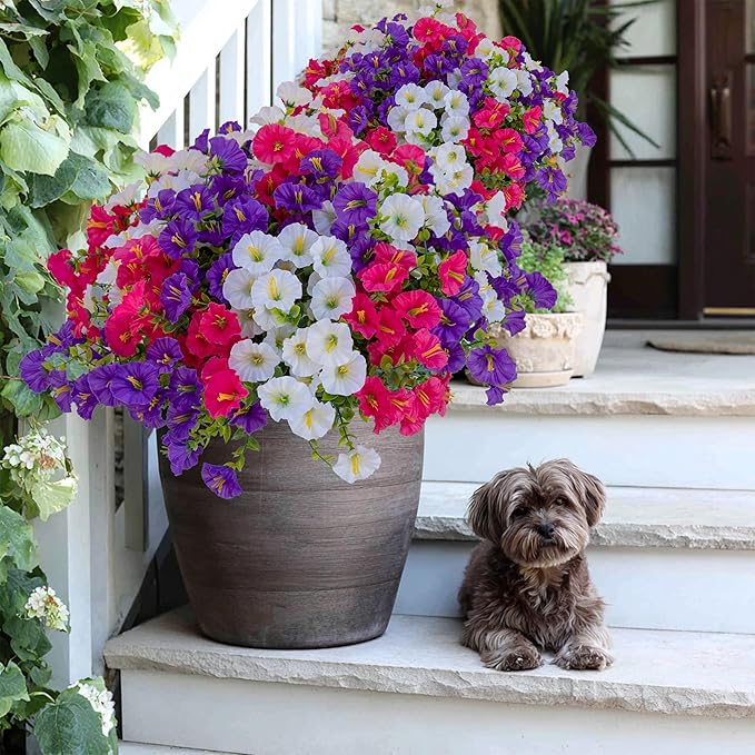 Artificial Flowers Outdoor Morning Glory - 16 Bundles Fake Plants UV Resistant No Fade Faux Plastic Greenery Home Garden Patio Decoration Indoor (1, Multi16-1)