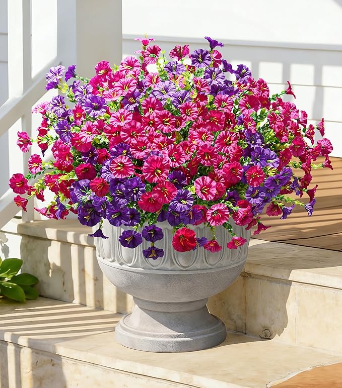 Artificial Flowers Fake Plants for Outdoors Decoration, 12 Bundles Silk Morning Glory with Eucalyptus Realistic UV Resistant Faux Flowers for Outside Planter Porch Yard Patio Garden Home Indoor, Mix