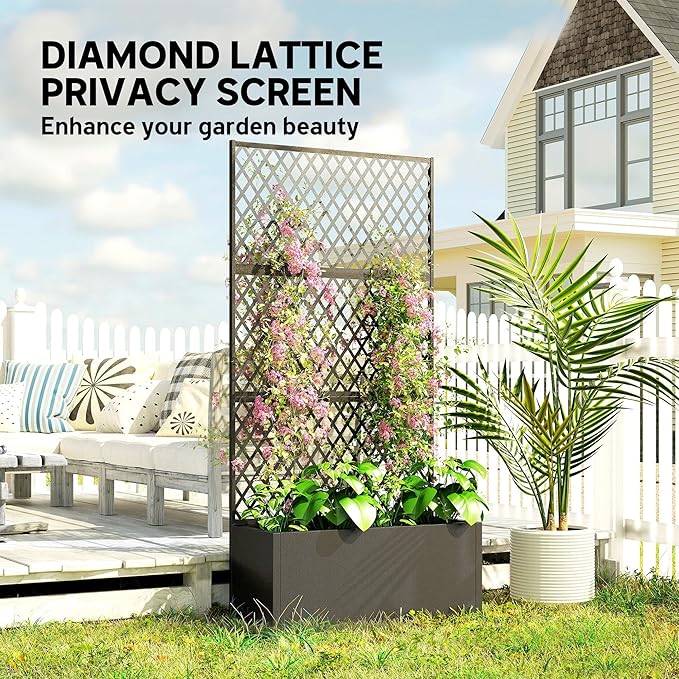 Outsunny Metal Planter Box with Trellis, Raised Garden Bed with Trellis Privacy Screen and Drainage Holes for Climbing Plants, Diamond Lattice Privacy Planter for Garden, Patio, Balcony