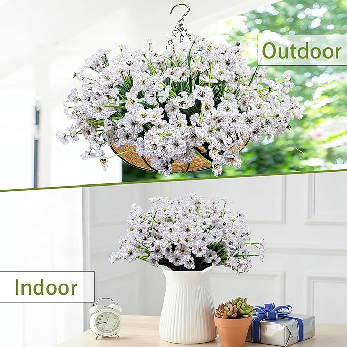 20 Bundles Artificial Flowers for Outdoors, UV Resistant Fake Flowers with Plastic Plants For Outside, Faux Silk Flowers for Planter outdoor, Fake Realistic Flower for Planters Window Box Decor-White