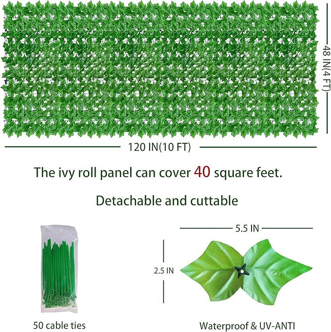ODTORY Artificial Ivy Privacy Fence Wall Screen: 48X120 in UV-Anti Faux Greenery Backdrop Ivy Vine Leaf Hedges Fence Panels for Patio, Balcony, Garden, Backyard Indoor Outdoor Light Green Decor