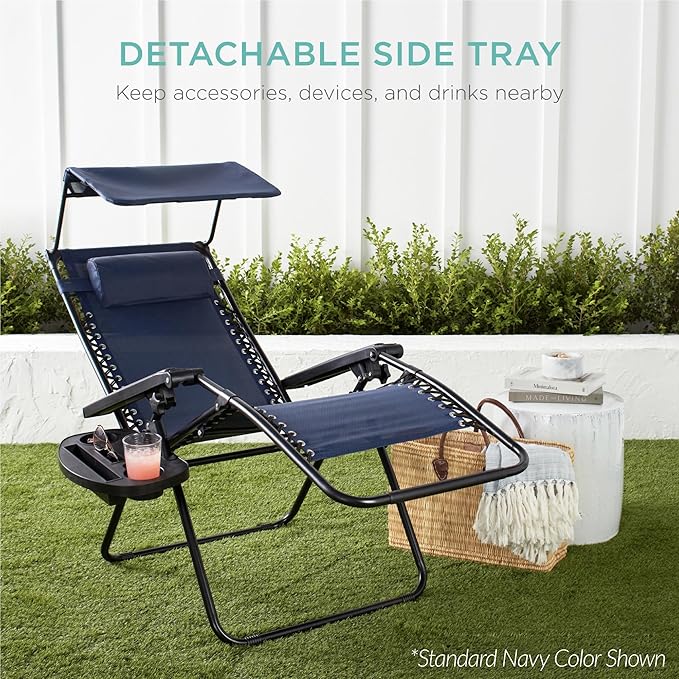 Best Choice Products 30” Wide Folding Zero Gravity Outdoor Recliner Patio Lounge Chair w/Adjustable Canopy Shade, Headrest, Side Accessory Tray - Beige