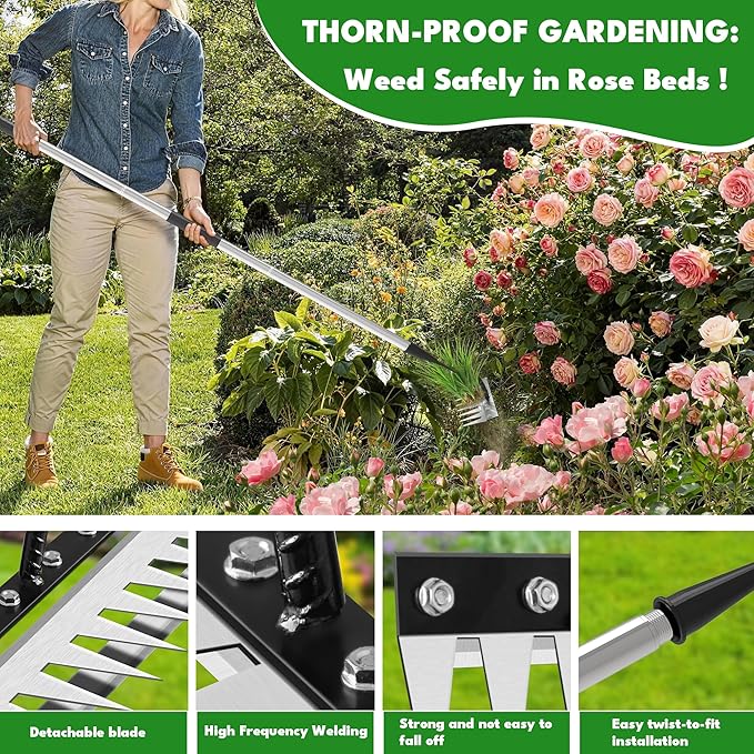 Iron Weeding Rake with Handle 2.0, Upgraded 8 Teeths Garden Weed Puller Tool Heavy Duty Gardening Tool for Lawn, Flower Beds & Soil Aeration