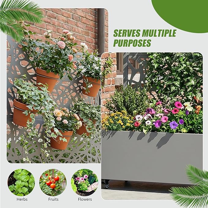 Casaphoria Metal Raised Garden Bed with Trellis and Wheels, 47"x47"x16" Planter Box for Climbing Plants, Vegetables & Vines, Features Drainage Holes and Privacy Screen, Grey-Net