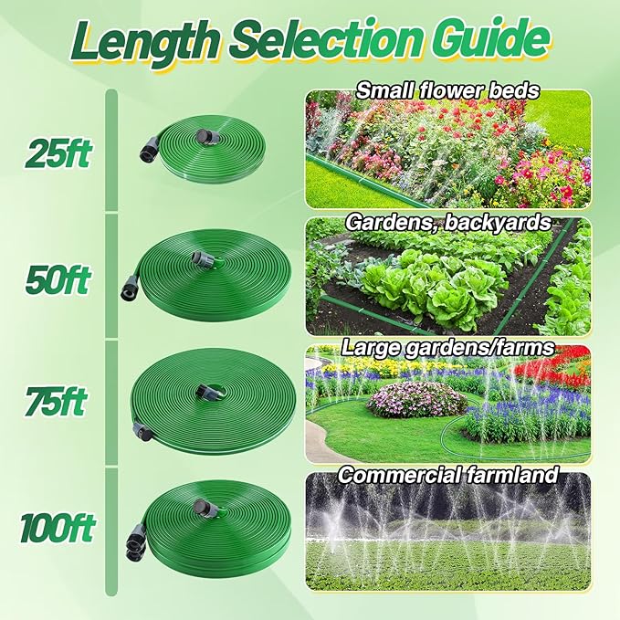 2 Pack 50ft Sprinkler Soaker Hose - Kink-free, Save Water, Flexible, Heavy Duty Three Tube Flat Watering Hose for Garden Yard Lawn Irrigation, With 30 Stakes