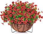 HyeFlora Artificial Fake Hanging Red Plants Flowers Basket for Outdoor, Faux Silk Daisy Mums Look Real UV Resistant for Outside Porch Home Patio Garden Yard Decoration