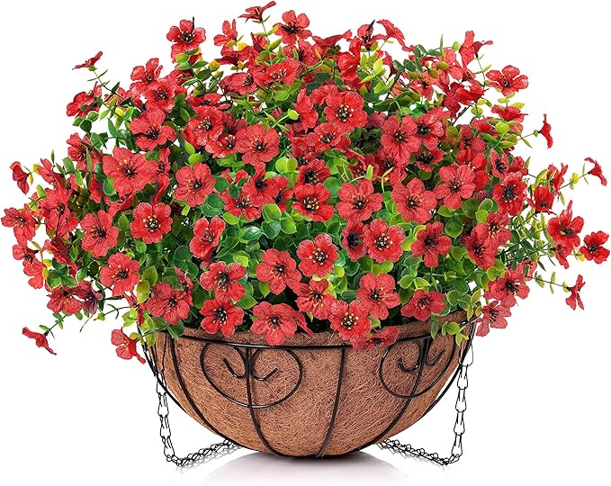 HyeFlora Artificial Fake Hanging Red Plants Flowers Basket for Outdoor, Faux Silk Daisy Mums Look Real UV Resistant for Outside Porch Home Patio Garden Yard Decoration