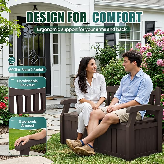 Devoko 80 Gallon Storage Bench Deck Box Lockable for Patio Furniture, Garden Decor and Outdoor Seating for Cushions, Garden Tools and Pool Supplies(Dark Brown)