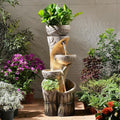 4 Tiered Water Fountain Outdoor, 35.6" Tall Cascading Bowl Leaf Carved Outdoor Waterfall Fountains Modern Water Feature with Dual Planters for Garden, Patio,Deck, Yard, Indoor Decor