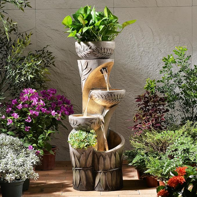4 Tiered Water Fountain Outdoor, 35.6" Tall Cascading Bowl Leaf Carved Outdoor Waterfall Fountains Modern Water Feature with Dual Planters for Garden, Patio,Deck, Yard, Indoor Decor