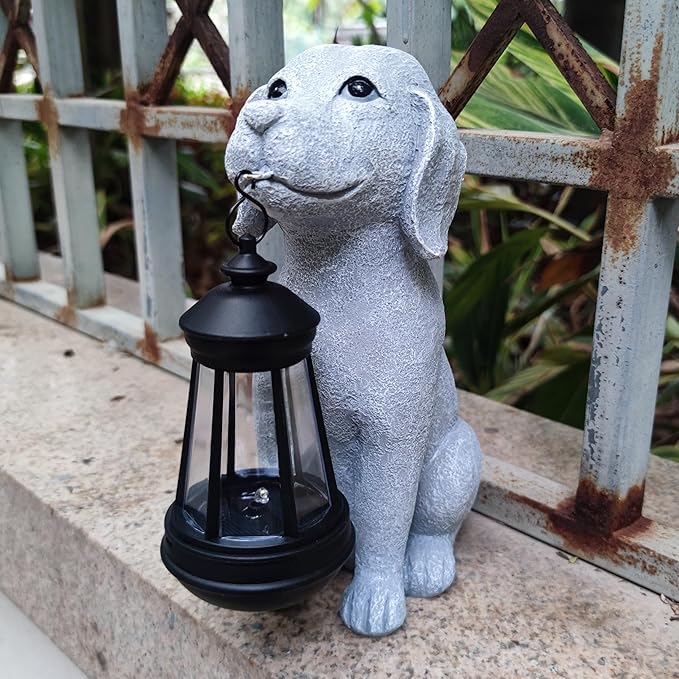 Dog Solar Garden Statues,Resin Dog Figurine Decorations with Solar Lights Lantern, Outdoor Decor Art for Lawn,Yard,Unique Housewarming for Garden Home