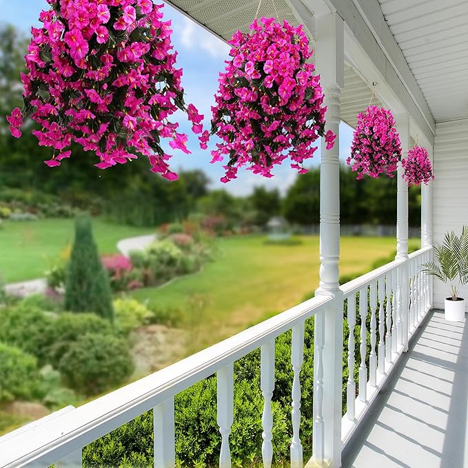 Sggvecsy Artificial Fake Hanging Flowers Plants for Outdoor Outside Spring Summer Decoration 2PCS Faux Silk UV Resistant Realistic Morning Glory Trailing Vines for Home Porch Patio Balcony(Purple red)