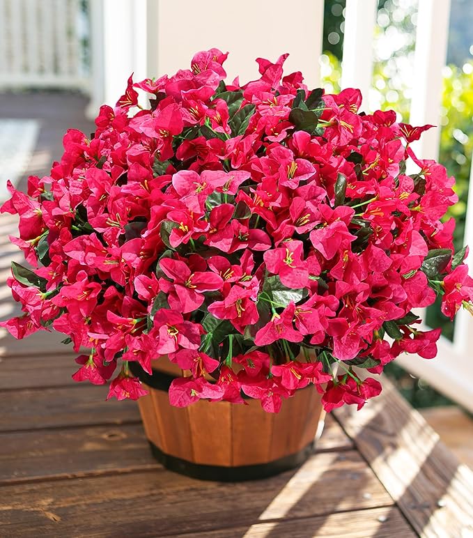 Fake Bougainvillea Artificial Flowers for Outdoors Spring Decor, 4 Bundles Outdoor Bougainvillea Silk Flowers for Outside Faux Plants UV Resistant Realistic for Planter Patio Porch Garden, Hotpink