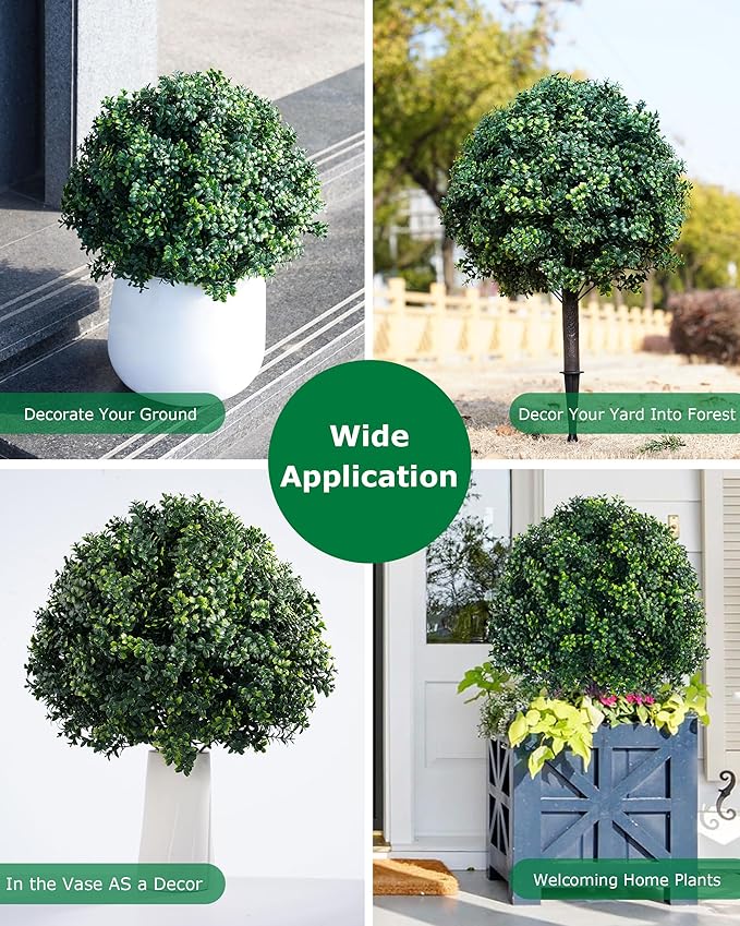 27.6" Artificial Topiary Boxwood Tree, Faux Boxwood Topiary Spheres with Spike, 2 Set Plants Shurbs Tree Waterproof UV Resistant Fake Plants for Outdoor Planter Porch Home Garden Spring Decor