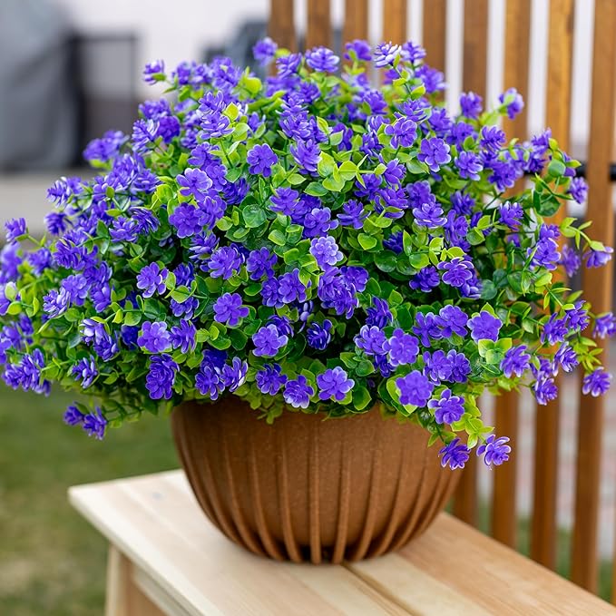 Artificial Flowers for Outdoors Fake Plants - 12 Bundles Faux Outside Greenery Boxwood No Fade Plastic Shrubs Fall Decor Farmhouse Home Garden (Purple)