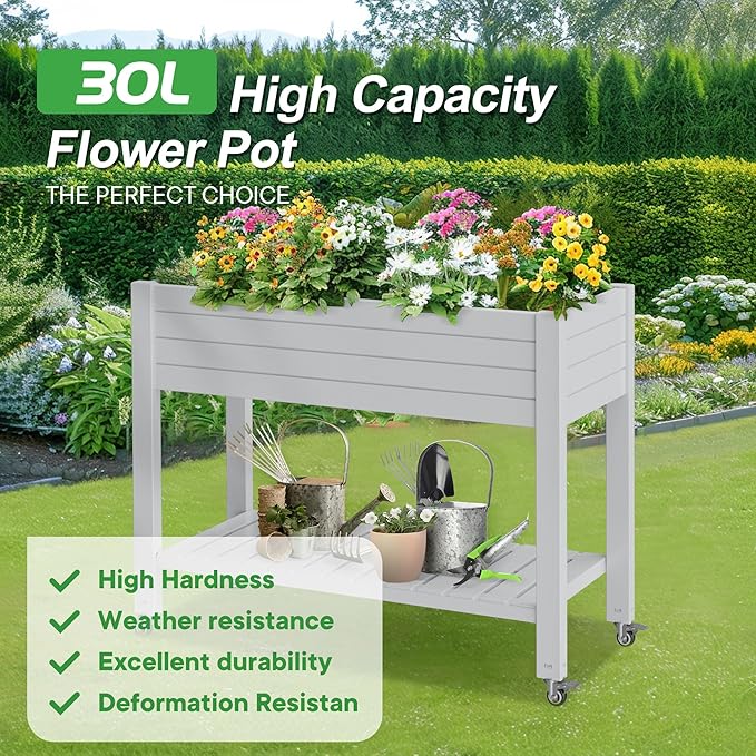 Durable Resin Raised Garden Bed with Drainage Holes & Reinforced Corners - Lightweight Flower Boxes Outdoor for Vegetables, Herbs, and Patio Garden Enclosure System (Ashen, 43.31*17.72*33.66)