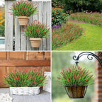 Bassion Artificial Flowers for Outdoors, 24 Bundles Fake Lavender Flowers UV Resistant Red Plastic Plants Faux Monkey Grass for Home Porch Garden Window Box Indoor Outdoor Decorations