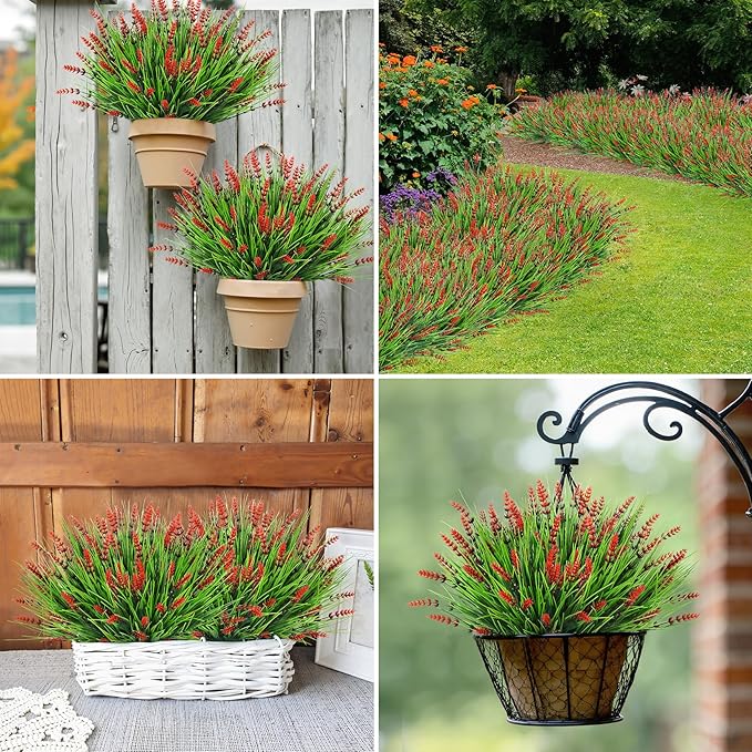 Bassion Artificial Flowers for Outdoors, 24 Bundles Fake Lavender Flowers UV Resistant Red Plastic Plants Faux Monkey Grass for Home Porch Garden Window Box Indoor Outdoor Decorations