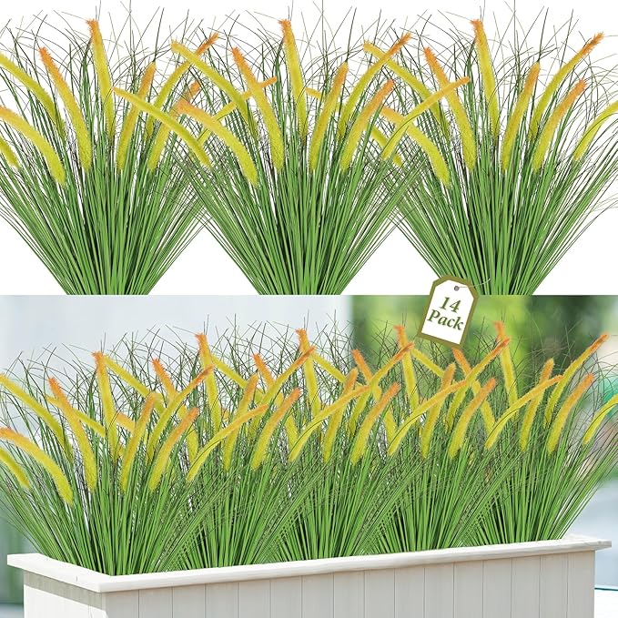14PCS Artificial Yellow Dog Tail Grass Onion Grass UV Resistant Outdoors Faux Shrubs Ornamental Wheat Grass Cattails Faux Bushes Home Decor for Outdoor Garden