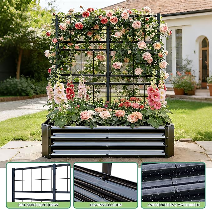 Galvanized Raised Garden Bed with Trellis for Climbing Plants Outdoor,Metal Vertical Garden Planter Box for Patio,Heavy Duty Elevated Garden Bed for Vegetables Tomatoes Cucumbers Flowers Herbs,Black