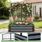 Galvanized Raised Garden Bed with Trellis for Climbing Plants Outdoor,Metal Vertical Garden Planter Box for Patio,Heavy Duty Elevated Garden Bed for Vegetables Tomatoes Cucumbers Flowers Herbs,Black