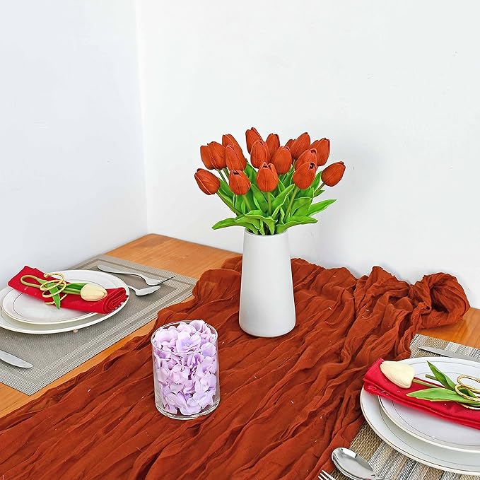 Mandy's Dark Orange Artificial Tulips Flowers Centerpiece, 13.5" Lifelike PU Fake Floral Stems 20pcs for Kitchen Island & Dining Table, Spring Decor for Easter