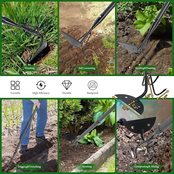 Garden Hoe - Heavy Duty 2 in 1 Hoe Garden Tool with Cultivator Claw Rake,75 Inch Long Handle Hoes for Weeding,Loosening Soil,Hand Weeder Tools for Indoor Outdoor Gardening,Planting,Cultivating,Digging