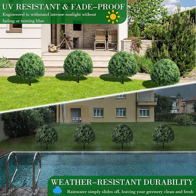 27.6" Artificial Topiary Boxwood Tree, Faux Boxwood Topiary Spheres with Spike, 2 Set Plants Shurbs Tree Waterproof UV Resistant Fake Plants for Outdoor Planter Porch Home Garden Spring Decor