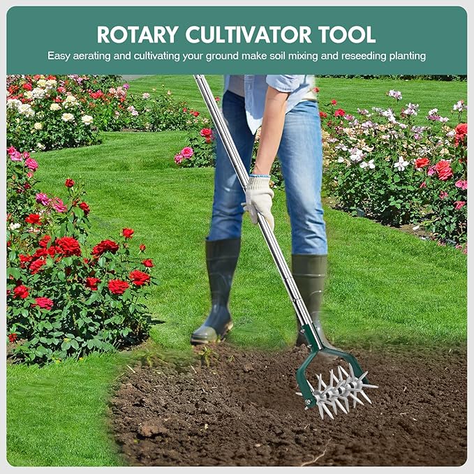YEELOR Garden Cultivator Adjustable Stainless Steel Handle, fine Rotary Cultivator Tiller for Small Scale Gardens Soil Loosening, Lawn Aeration, Fertilizer Mixing & Planting Preparation