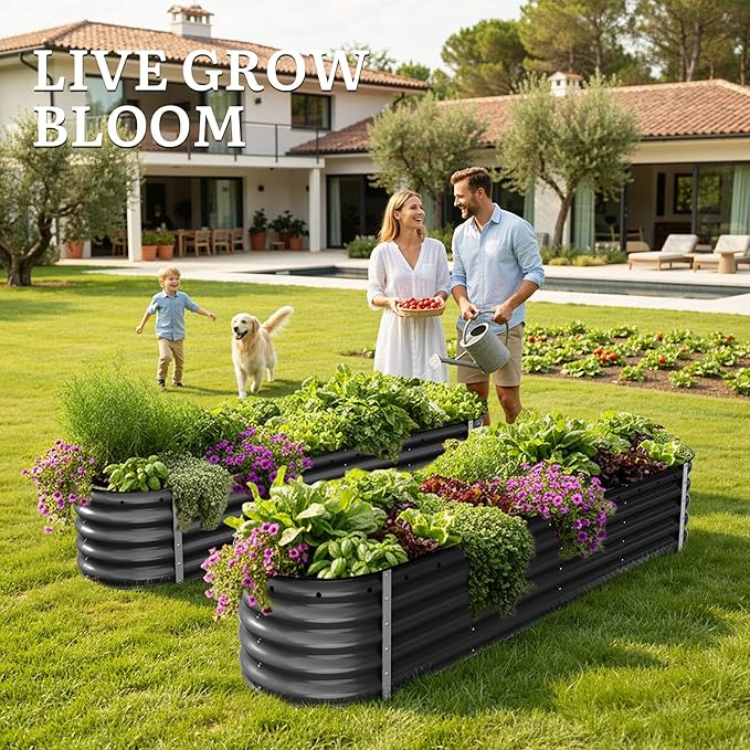 YITAHOME 8x2x1.5ft Large Raised Garden Bed Kit, 17" Tall 9 in 1 Galvanized Metal Planter Box with Gloves & Safety, Outdoor Above Ground Planters for Plants Vegetables Flowers, Black