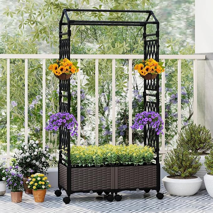 Giantex Planter Boxes with Arch Trellis, 5FT Self-Watering Tall Raised Garden Bed w/Wheels, Hanging Roof & Drainage Holes, Outdoor Indoor Tomato Planter for Climbing Vines Vegetables (61"x16"x64")