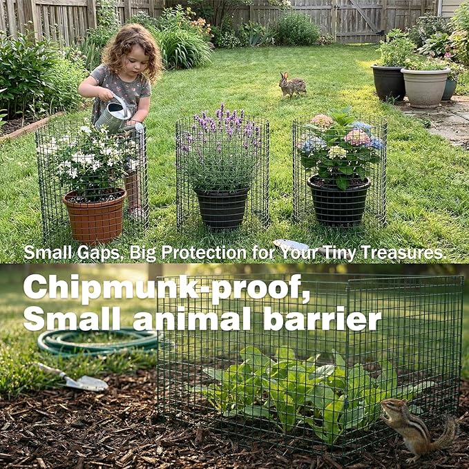 8 Pack Plant Protectors from Animals with 0.55" Fine Mesh, 12" x 16" Metal Wire Plant Cages for Seedlings, Garden Protectors to Keep Small Critters Out, 24 Panels with Zip Ties & Stakes