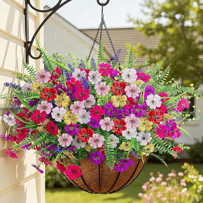 Alupssuc 48 Bundles Artificial Flowers for Outdoors Planters Spring Decoration, UV Resistant Faux Eucalyptus Violet and Lavender Silk Fake Plants for Outside Indoor Yard Home Patio Decor, Mix 6 Colors