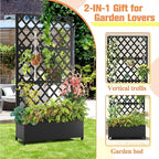 Metal Raised Garden Bed with Diamond Lattice Trellis, Outdoor Planter Box for Climbing Plants Vegetables Vines, Galvanized Garden Box with Drainage Holes and Wheels, Black (35.4"L x 16.7"W x 73.2"H)